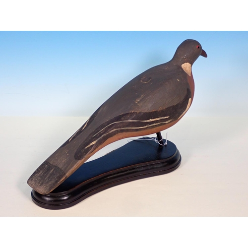 498 - A carved and painted Woodpigeon Decoy with glass eyes on ebonised stand 15in L