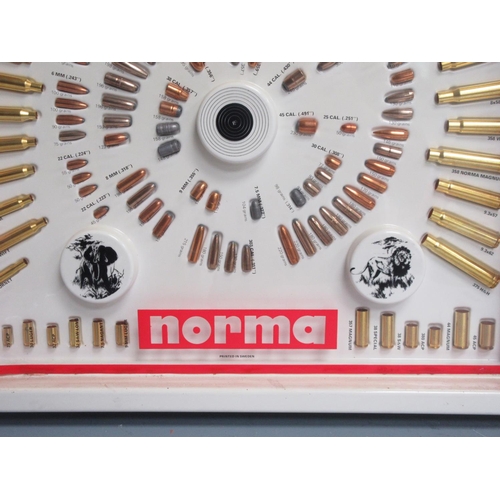 506 - A Norma Bullet Display containing various calibre inert Bullets and Cases 22in H x 22in W