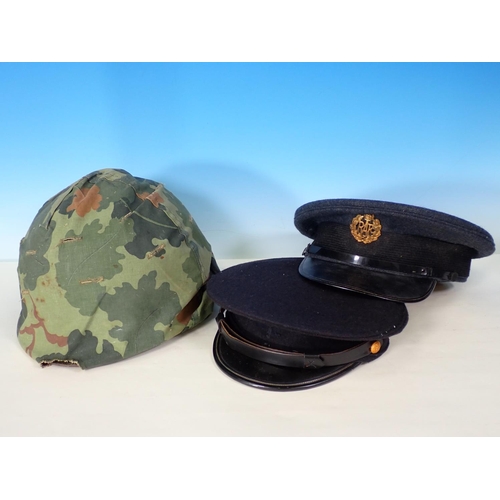 563 - An RAF Cap, a Royal Navy Cap, French Army Cap, British Army Helmet, two other Caps and two leather B... 