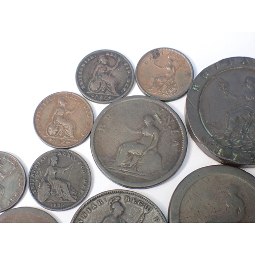 585 - A George III Cartwheel Two Pence along with a selection of early Coppers to include a 1750 Half Penn... 