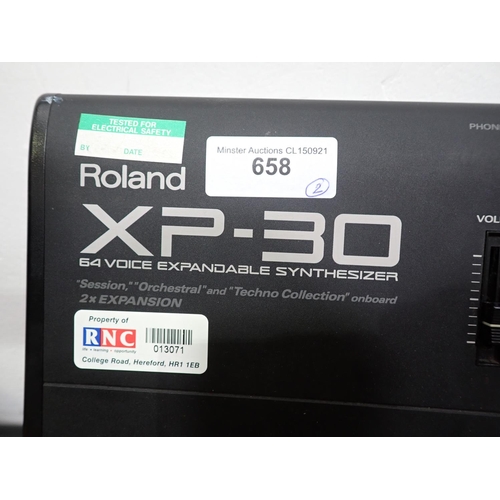 658 - Two Roland XP-30, Electric Keyboards with 64 Voice Expandable Synthesizers (one A/F), one Table Stan... 