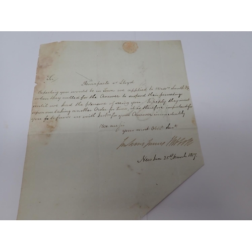 79 - Three letters written to Messrs Lloyds, Solicitors, Ludlow, Shropshire, dated 1817, another note sig... 