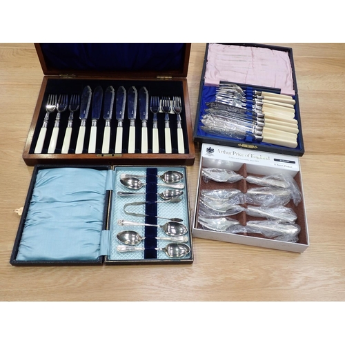 54 - An oak Canteen of Fish Cutlery, a boxed set of Arthur Price Forks and two cased sets of Cutlery