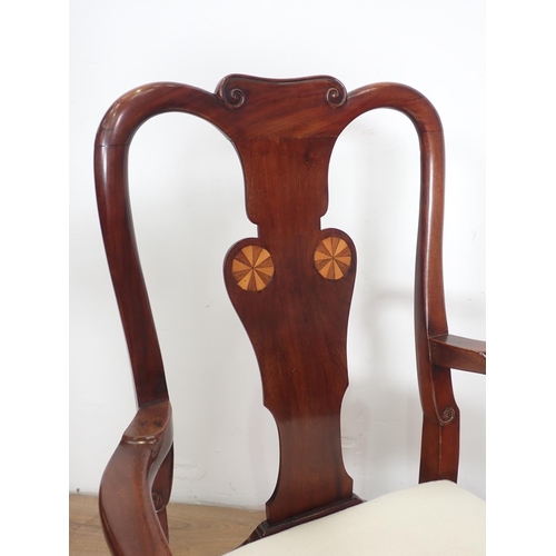 1040 - A Queen Anne style Irish mahogany open Armchair with solid splat inlaid satinwood roundels, upholste... 