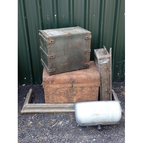 626 - A metal Box, an Ammunition Box, a tin Trunk, a brass Fender and a metal Feeder