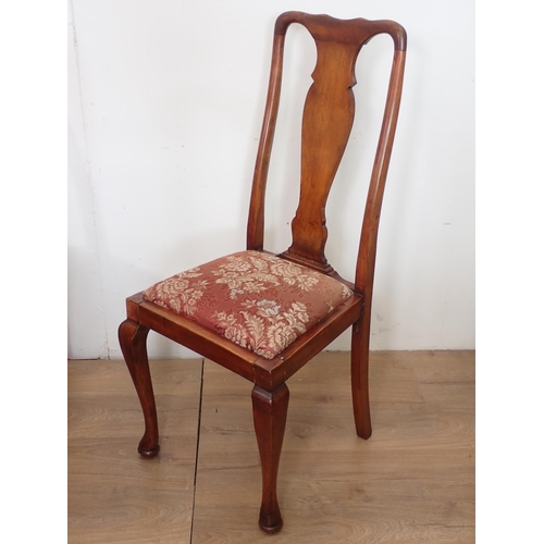 1026 - A set of six Queen Anne style Dining Chairs with solid splats, upholstered drop-in seats on cabriole... 