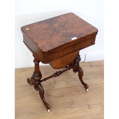 1044 - A Victorian burr walnut Work/Games Table with foldover top inlaid chess and backgammon, drawer and p... 