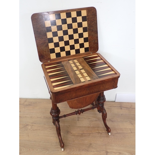 1044 - A Victorian burr walnut Work/Games Table with foldover top inlaid chess and backgammon, drawer and p... 