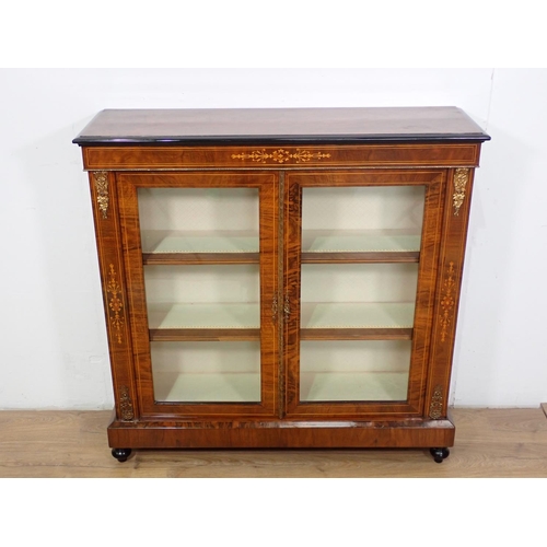 1045 - A Victorian walnut and ebonized Cabinet with pair of plain glazed doors having satinwood stringing a... 