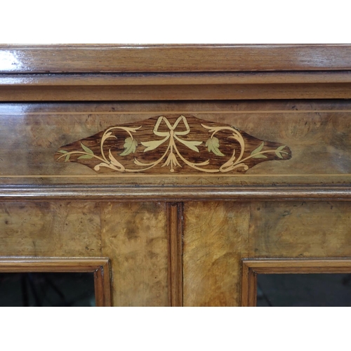 1050 - A Victorian burr walnut Pier Cabinet with pair of glazed doors, satinwood inlay on plinth, 3ft 8in