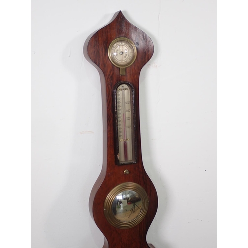 1067 - A Victorian rosewood cased Banjo Barometer and Thermometer with silvered dials, 3ft 4in