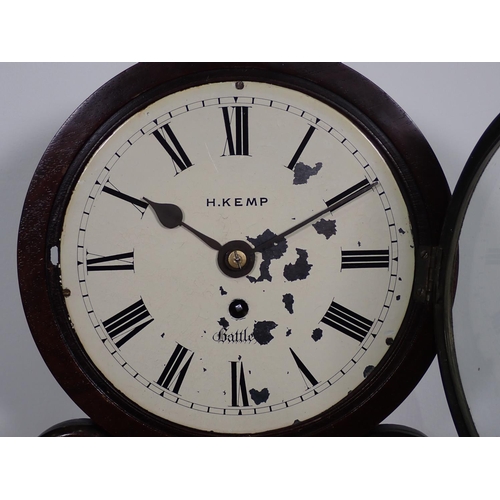 1074 - A William IV mahogany framed Wall Clock with white enamel dial inscribed Kemp, Battle, having single... 