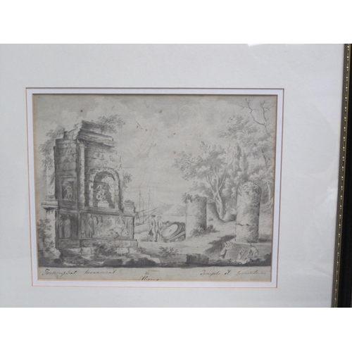 1093 - ENGLISH SCHOOL, c.1780. A Capriccio landscape with figures by ruined monuments and pillars inscribed... 