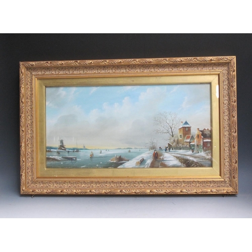 1104 - RUSSIAN SCHOOL, late 20th Century. Frozen river scenes with figures skating, oil on canvas, 14 x 20i... 