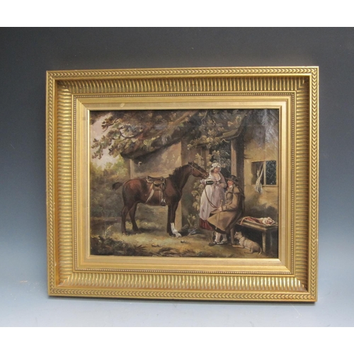 1114 - AFTER GEORGE MORLAND. At a Cottage Door, oil on canvas, 10 1/2 x 12 1/2in