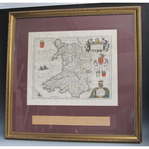 1121 - JOHANNES BLAEU. 'Wallia Principatus Vulgo Wales', engraved map, later coloured, pl. 19 x 15in; toget... 