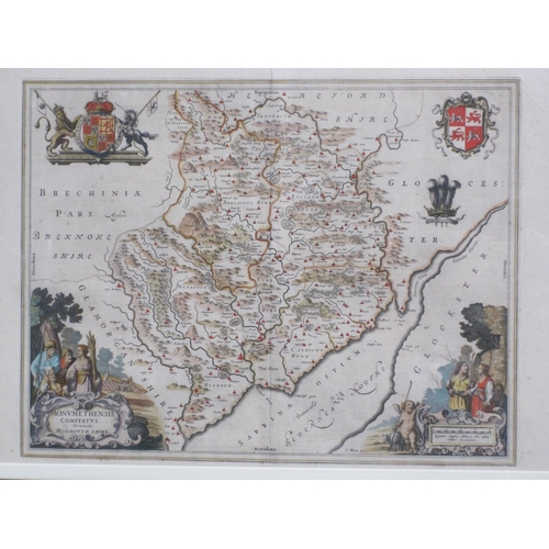 1121 - JOHANNES BLAEU. 'Wallia Principatus Vulgo Wales', engraved map, later coloured, pl. 19 x 15in; toget... 