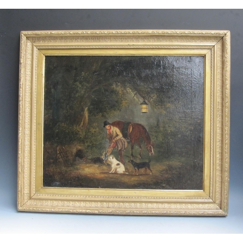 1128 - ENGLISH SCHOOL. A Gamekeeper digging out a fox by night, oil on canvas, 24 x 30in; together with an ... 