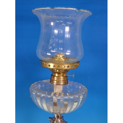 836 - An Edward VII silver Corinthian Oil Lamp with fluted column, square base, cut glass reservoir, clear... 