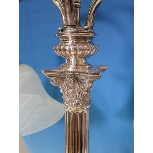 856 - An Elkington & Co large plated Table Lamp with fluted column having Corinthian capital, three leafag... 
