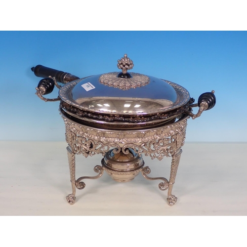 919 - A white metal Flambe Pan and Cover on ornate stand with spiral supports and paw feet, with spirit bu... 