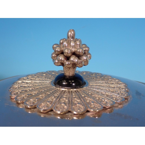 919 - A white metal Flambe Pan and Cover on ornate stand with spiral supports and paw feet, with spirit bu... 