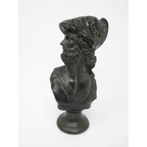 957 - A bronze effect Bust of Greek Figure with helmet, on circular base, 9in