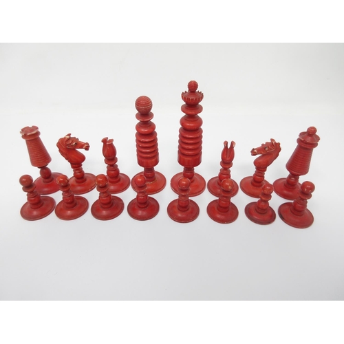 968 - A red and white Chess Set in cigar box, missing red castle and a part set of old bone dominoes in ma... 