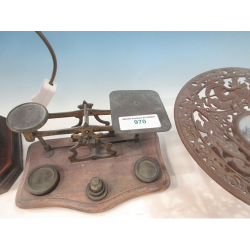 970 - A set of Postal Scales on platform base, pewter Inkwell, brass Candlestick, bronzed cherub Lamp, (fa... 