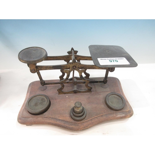 970 - A set of Postal Scales on platform base, pewter Inkwell, brass Candlestick, bronzed cherub Lamp, (fa... 