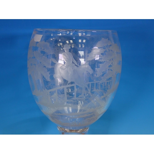 972 - A mammoth glass Goblet finely etched with hunting scene including huntsmen, 13 1/2in