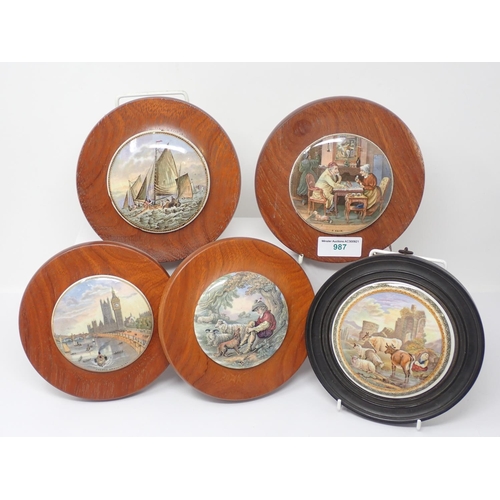 987 - Eight various Prattware Pot Lids including Thames Embankment, a pair, and Anne Hathaways' Cottage