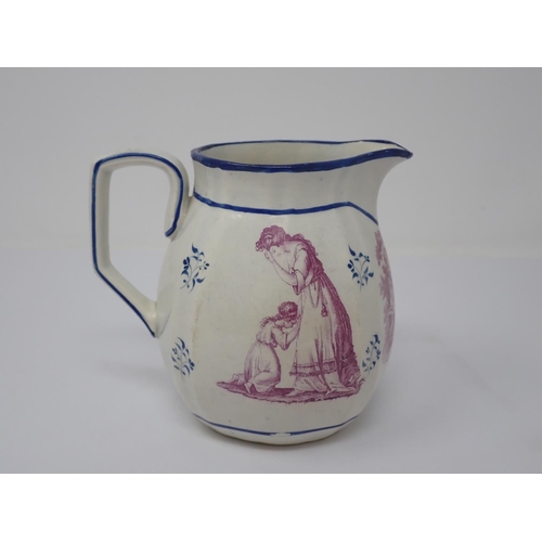 998 - A 19th Century creamware Jug, puce printed mother and child etc interspersed with blue painted flora... 