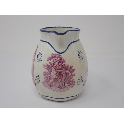 998 - A 19th Century creamware Jug, puce printed mother and child etc interspersed with blue painted flora... 