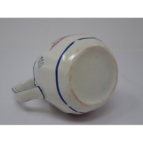 998 - A 19th Century creamware Jug, puce printed mother and child etc interspersed with blue painted flora... 