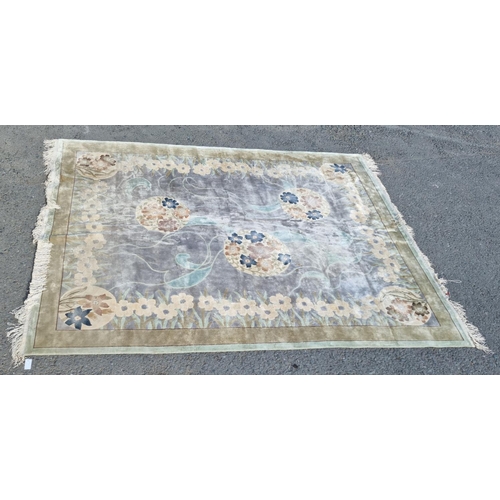 1 - A good quality bordered Chinese Carpet with floral design on pale grey and blue ground, 8ft x 10ft