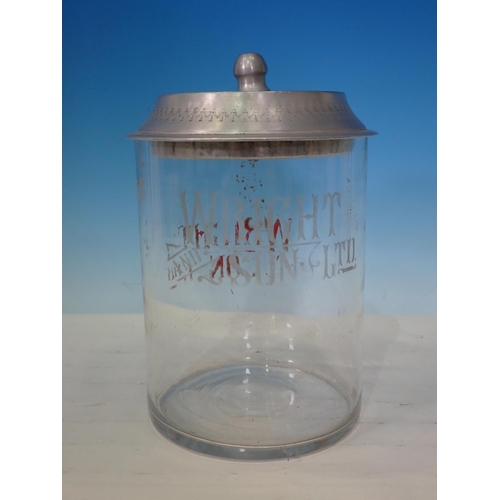 112 - A vintage Wright & Sons glass Biscuit Barrel with engraved metal cover, 9in H