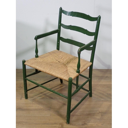 116 - A green painted Elbow Chair with rush seat, A/F, a mahogany Pembroke Table and reproduction breakfro... 