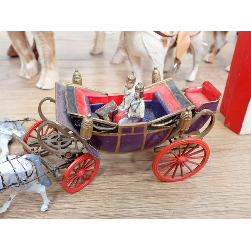 138 - A quantity of stuffed models of horses, horses and carriage, model fences etc