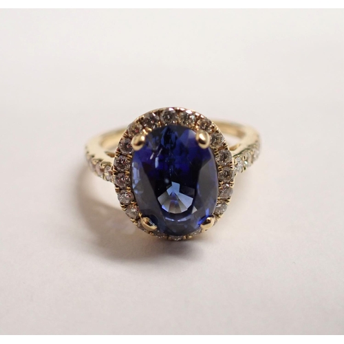 157 - A fine Ceylon Sapphire and Diamond Cluster Ring claw-set oval-cut sapphire, 6.07cts, within a frame ... 