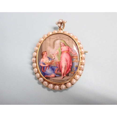 183 - A Pendant/Brooch having painted miniature of two maidens with doves on mother of pearl within a fram... 