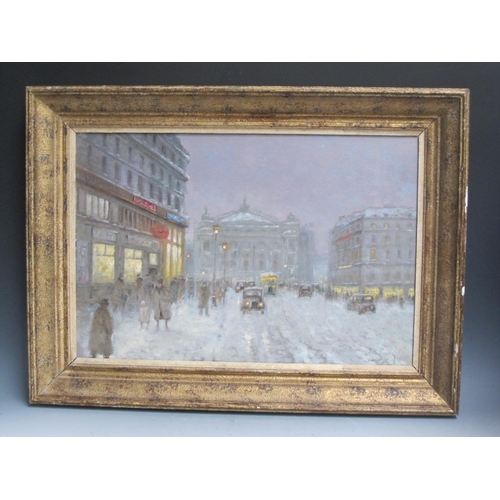 253 - F.A. BOUVIER. Paris street scene, looking towards the Palais Garnier, signed, oil on board, 16 x 24i... 