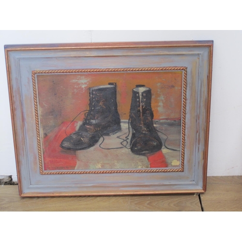 258 - A. THORNTON. 'Walking Boots', signed and dated 66, oil on canvas board, 11 1/2 x 16in; together with... 