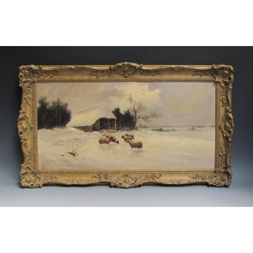 281 - JOEL OWEN. In Mid-Winter; Snowy Winter Scene with Sheep by a Barn, signed, oil on canvas, 12 x 24 1/... 