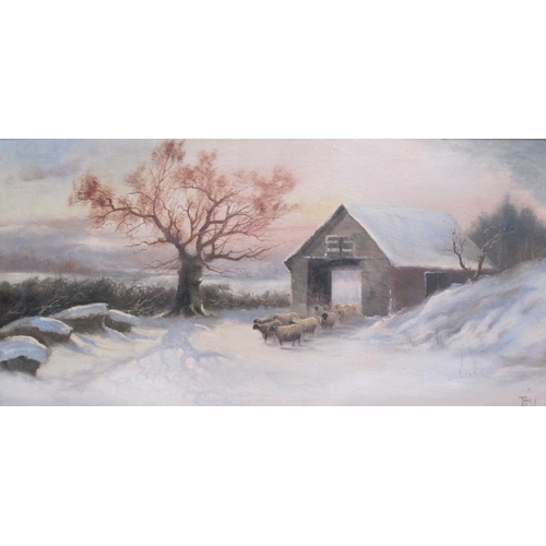 281 - JOEL OWEN. In Mid-Winter; Snowy Winter Scene with Sheep by a Barn, signed, oil on canvas, 12 x 24 1/... 