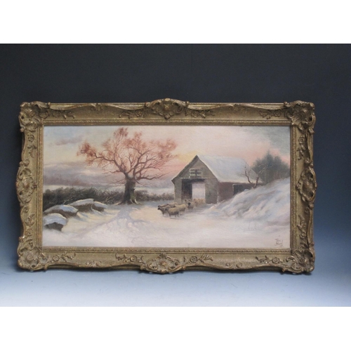 281 - JOEL OWEN. In Mid-Winter; Snowy Winter Scene with Sheep by a Barn, signed, oil on canvas, 12 x 24 1/... 