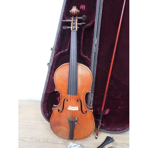 304 - A Violin with two piece back, 14in, and bow in case