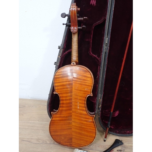 304 - A Violin with two piece back, 14in, and bow in case