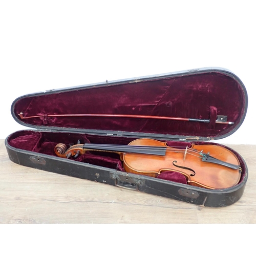 304 - A Violin with two piece back, 14in, and bow in case