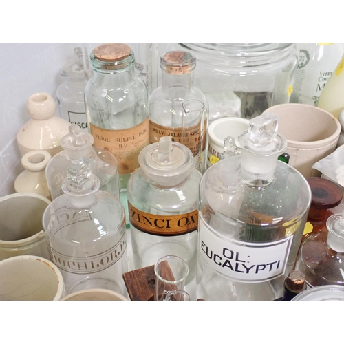 331 - A quantity of glass and stoneware Chemists Jars and Bottles, a Rack of Test Tubes, Milk Bottles, etc